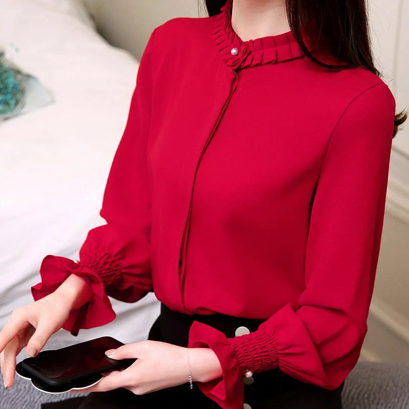 Spring 2020 fashion women blouses shirts OL chiffon blouse long-sleeved womens tops and blouses solid  female clothes 1016 40
