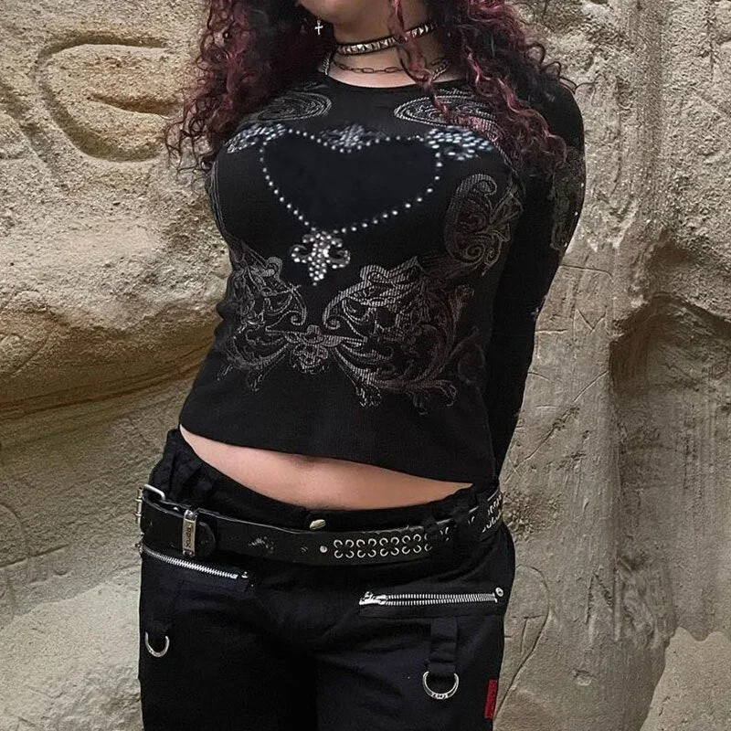 Tawnie 2022 Spring Rhinestone Print Gothic Crop TShirts Women Casual Long Sleeve T Shirt Grunge Fairycore Aesthetic Tee Top Y2K
