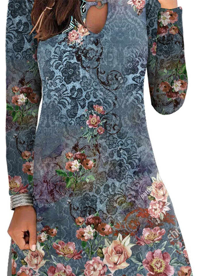 Women's Fashion Keyhole Flowing Casual Sweet Vintage Print Round Neck Long Sleeve Pocket Dress S M L XL 2XL