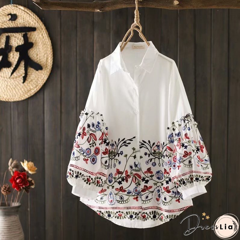 National style heavy industry embroidered white shirt