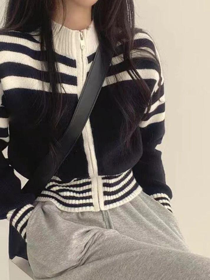 LANFUBEISI - Collar Neck Stripe Short Cardigan LANFUBEISI