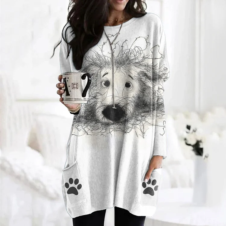 Fuzzy Cute Dog Scrawled Puppy Paw Art Print Cozy Tunic