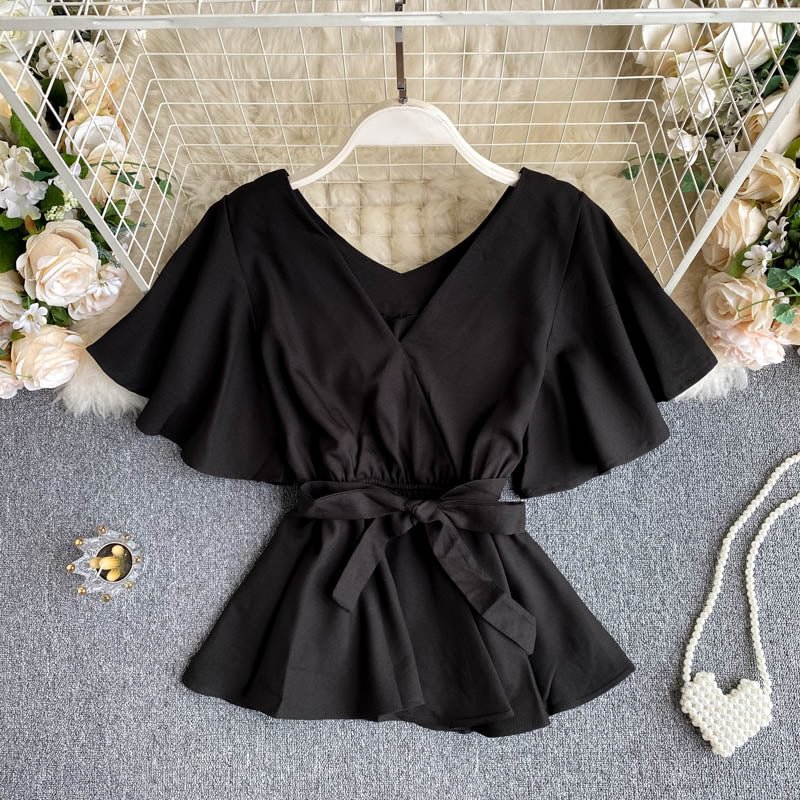 2022 Summer Women's Blouse Retro French Solid Color V-neck Flared Sleeve Ruffled Shirt New Slim Casual Female Tops LH596