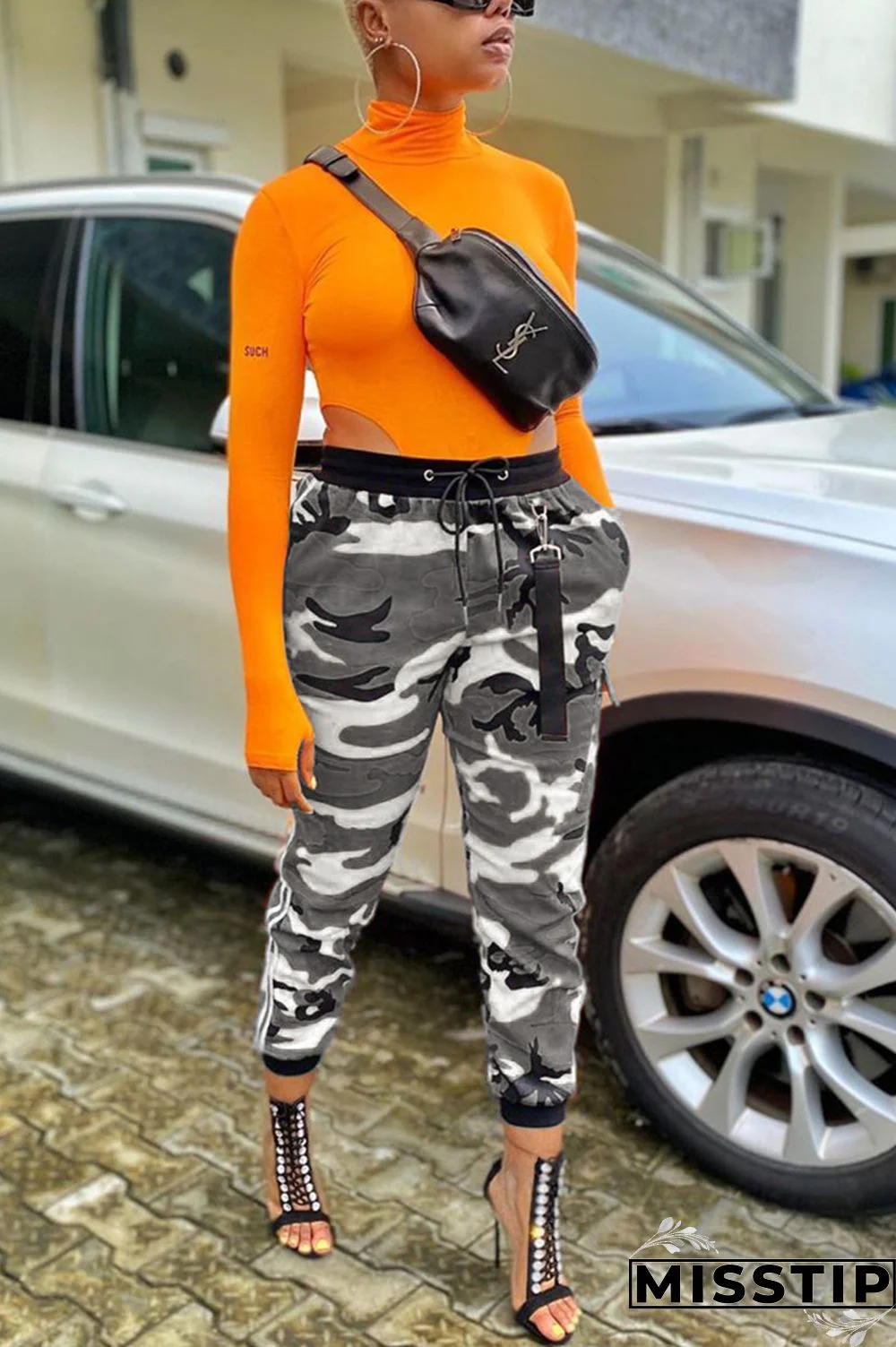 Grey Blue Green Yellow Drawstring Mid Patchwork Print bandage camouflage Loose Capris Bottoms