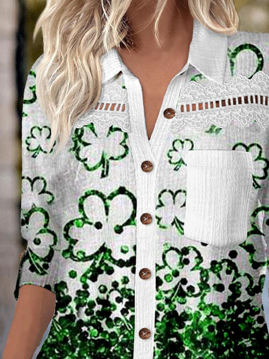 Women Long Sleeve Scoop Neck Polka Dot Printed Graphic Pockets Lace Two-Pieced Tops