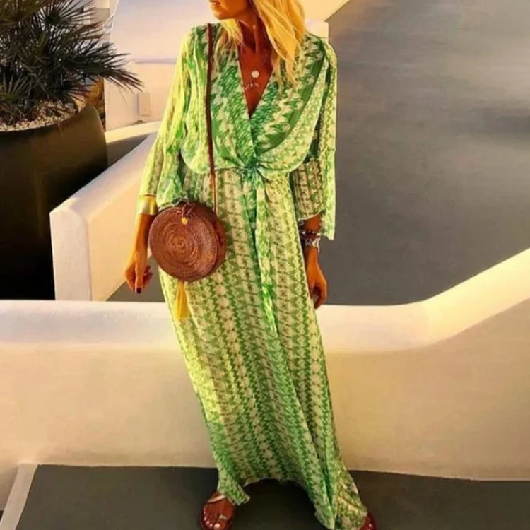 Vacation V-neck Print Long Sleeve Dress