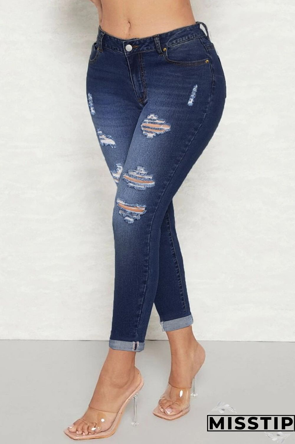 Deep Blue Casual Solid Ripped High Waist Skinny Denim Jeans