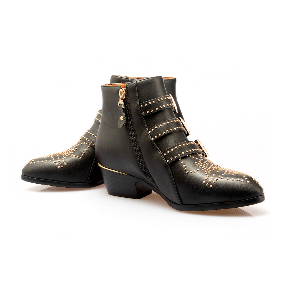 Women's Rivets Metal Buckle Low Heels Ankle Boots-vocosishoes