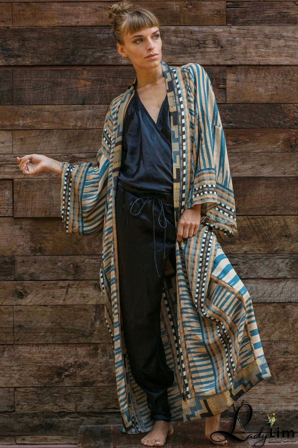 Geometric Printed Belted Long Sleeve Kimono Maxi Cover Up
