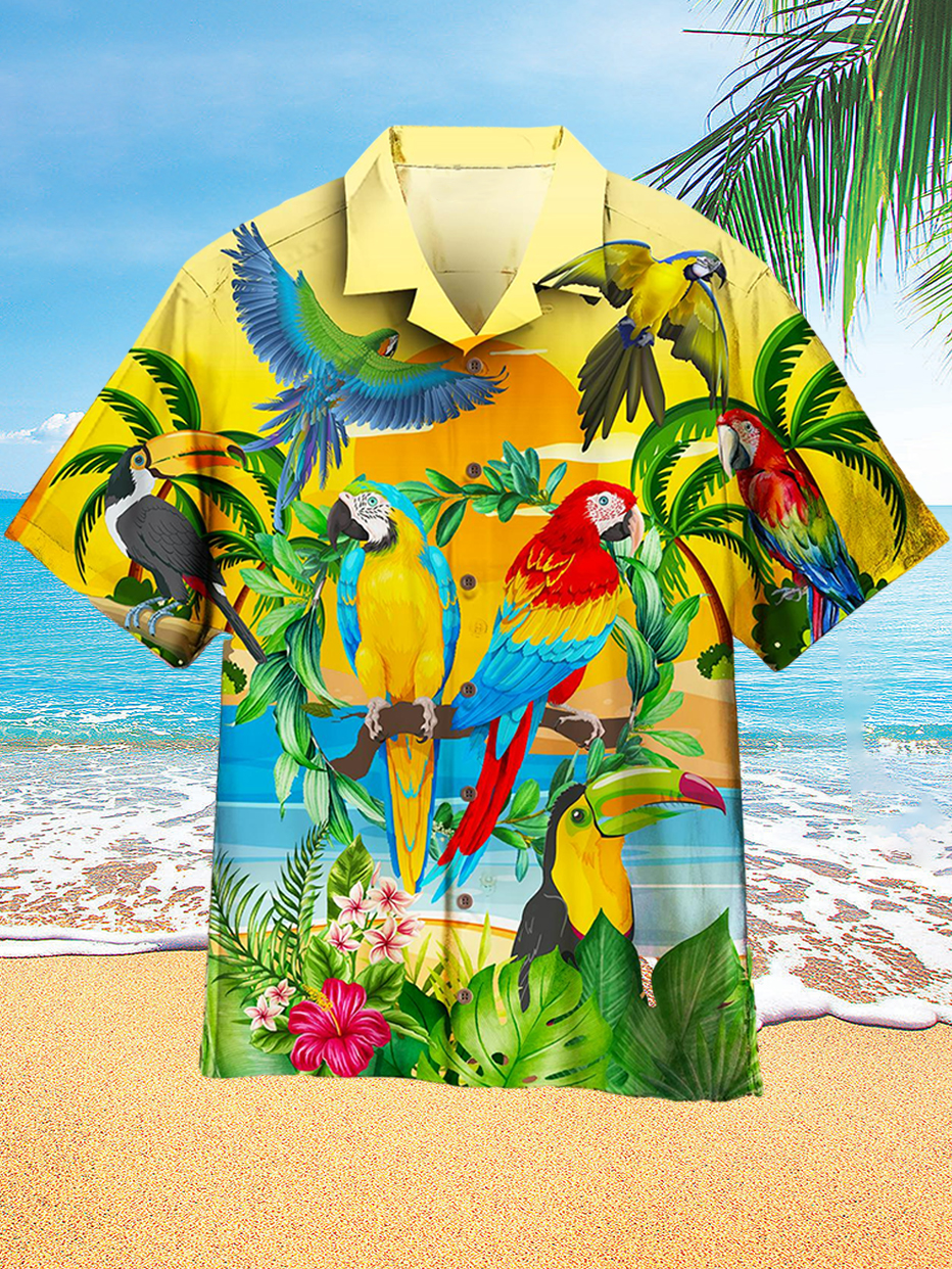 Hawaii Dusk Beach Parrot Drinking Party Printed Short Sleeve Shirt PLUSCLOTHESMAN