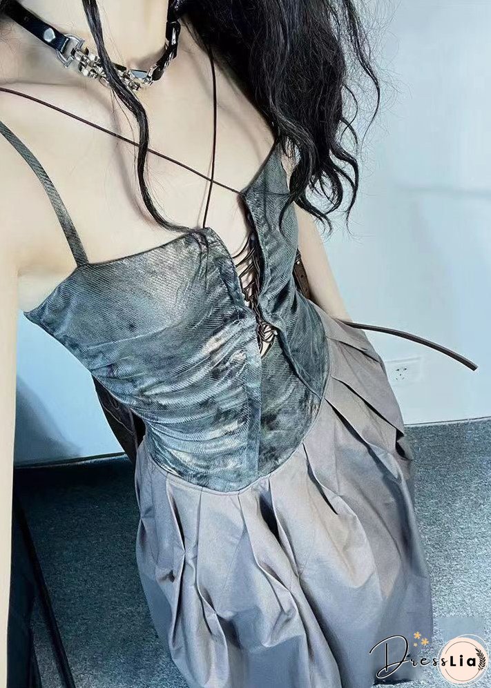 Unique Coffee Pockets Patchwork Cotton Spaghetti Strap Dress Sleeveless