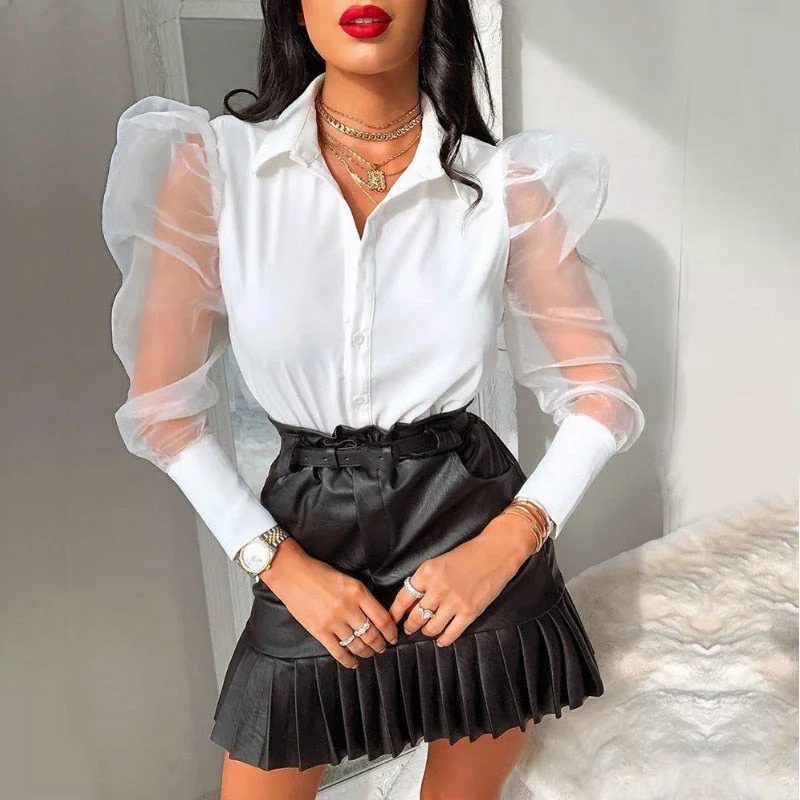 2021 New Womens Fashion Blouse Mesh Sheer Puff Sleeve V Neck Button Elegant Blouses Tops Ladies Shirts Blusas Black White