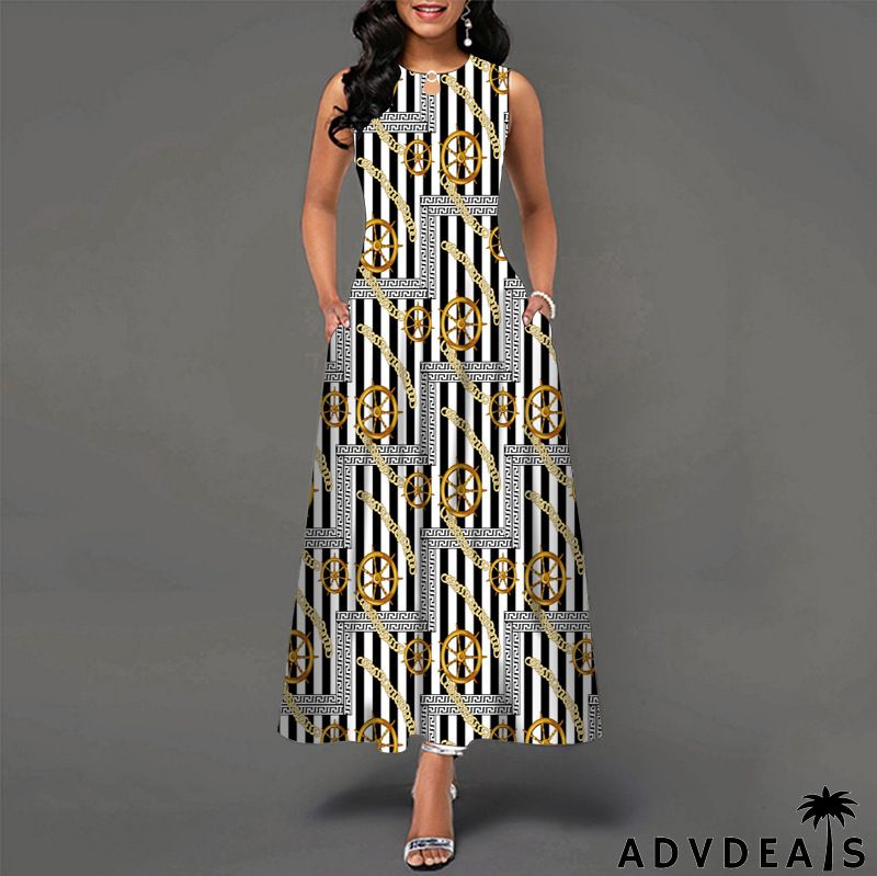 Women Fashion Plus Size Graphic Printing Sleeveless Swing Dress