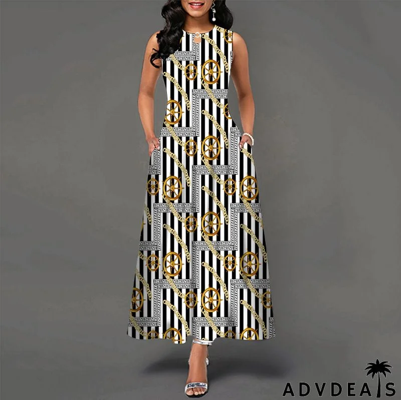 Women Fashion Plus Size Graphic Printing Sleeveless Swing Dress