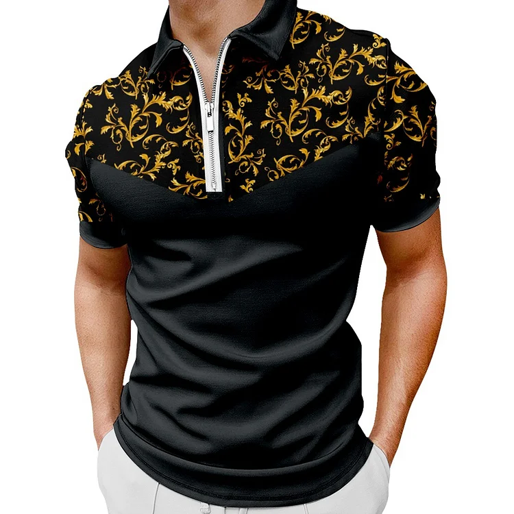 BrosWear Men's Vintage Flower Patchwork Short Sleeve  Polo Shirt
