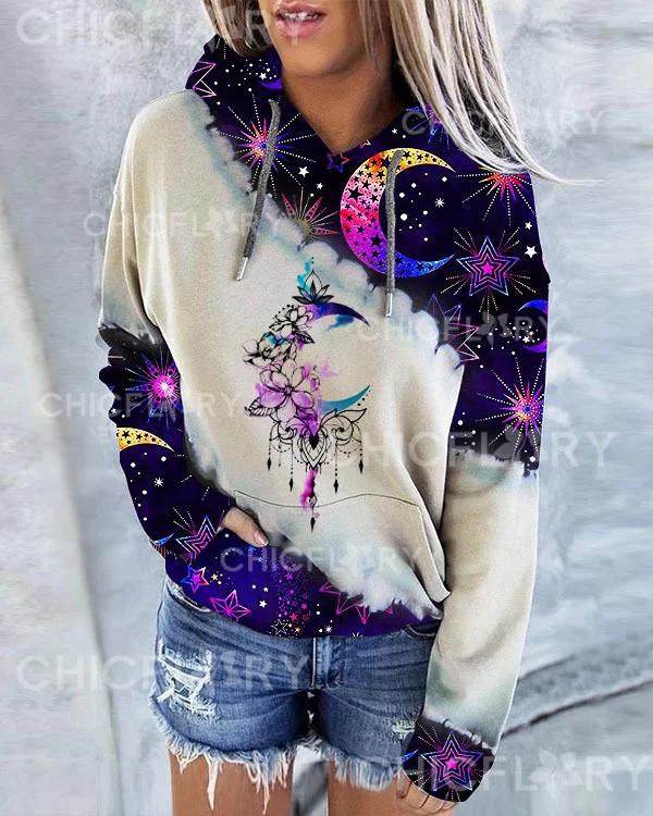 Sun and Moon Print Hoodie Long Sleeve Sweatshirt