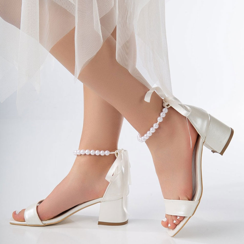 White Pearl Ribbon Ankle Strap Open Toe Block Heel Wedding Shoes Nicepairs
