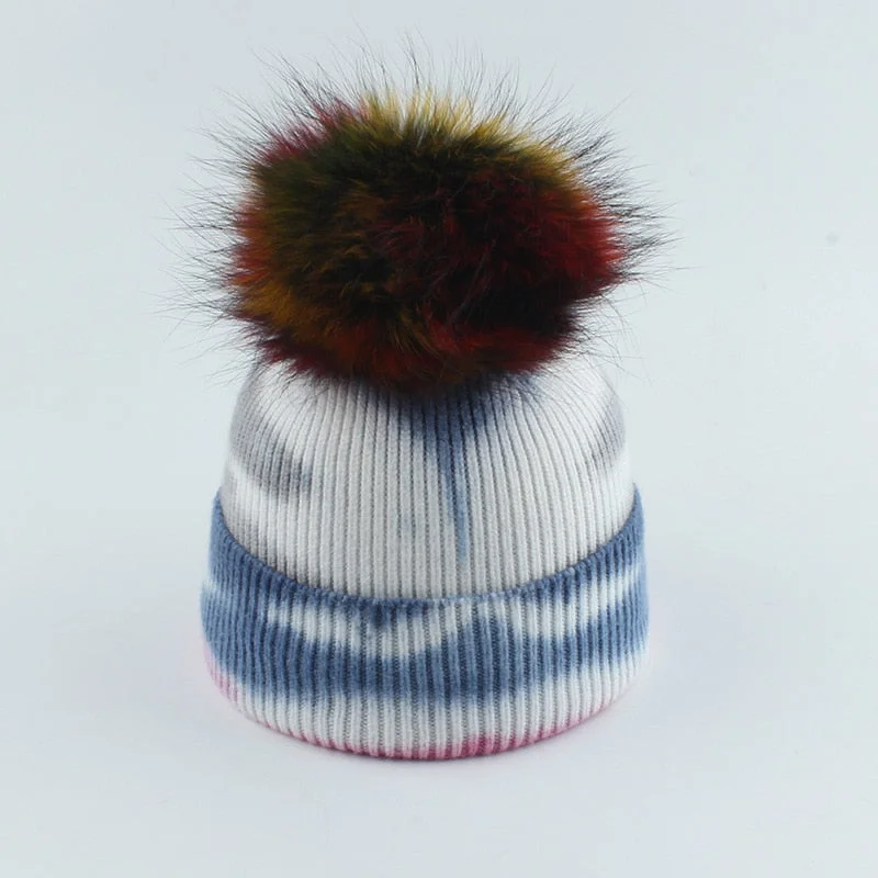 2021 New Fashion Winter Thicken Knitted Hats Warm Real Racoon Fur Pompom Unisex Beanie Tie-dyed Cap Adults Head Cover