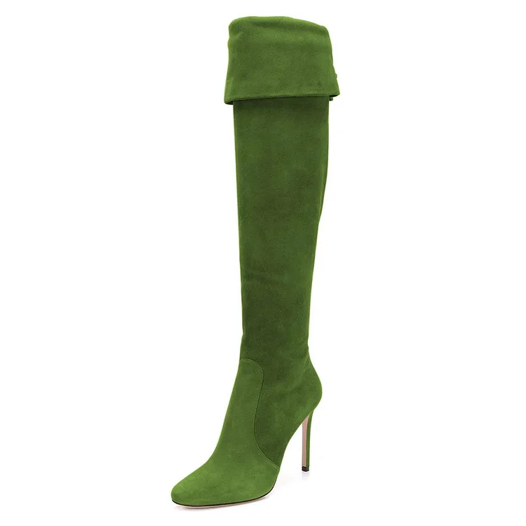 Green Vegan Suede Stiletto Boots Over the Knee Boots |FSJ Shoes