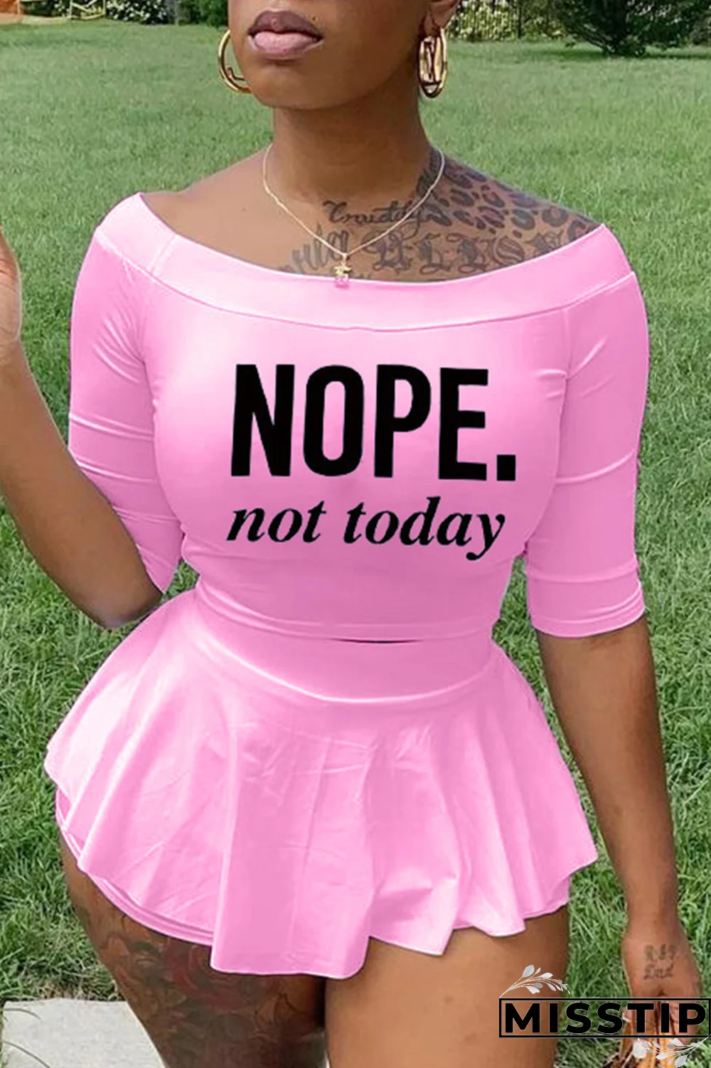 Black Fashion Print Flounce Off the Shoulder Three Quarter Two Pieces