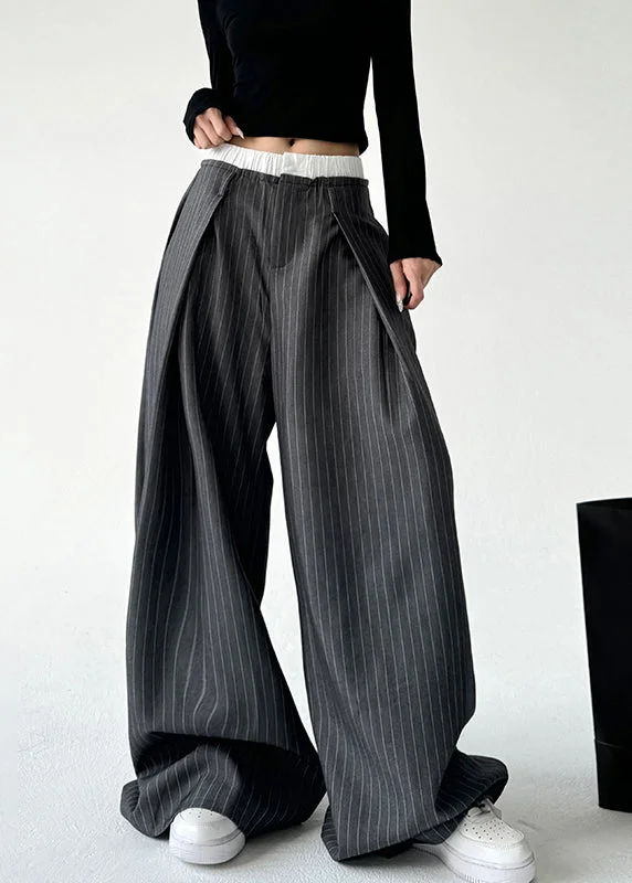 Handmade Grey Striped High Waist Straight Pants Spring