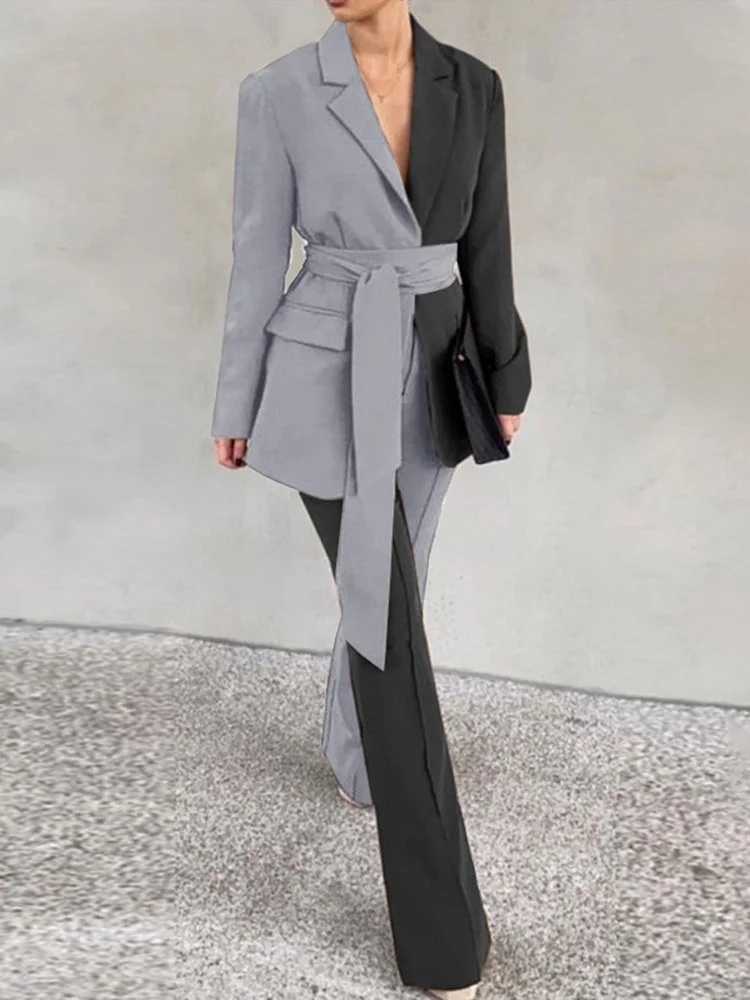 Tie Waist Contrast Color Elegant Blazers Tow Pieces Set For Women SKUJ10224 QueenFunky