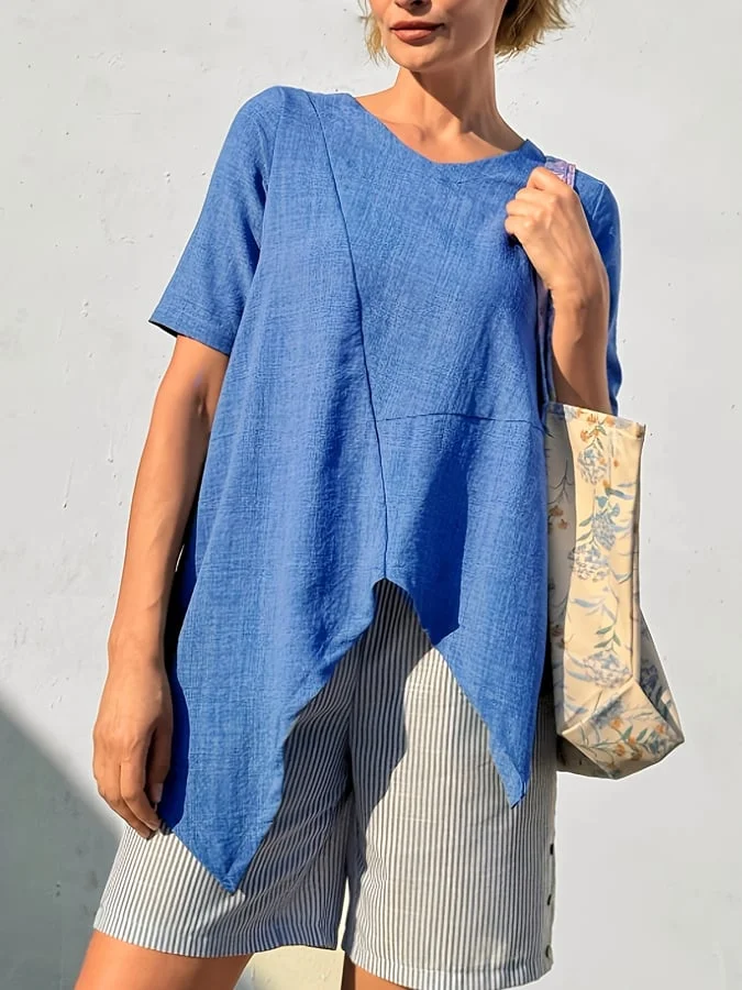 Women's Casual Solid Color Loose Round Neck Short Sleeve Split Cotton and Linen Top 