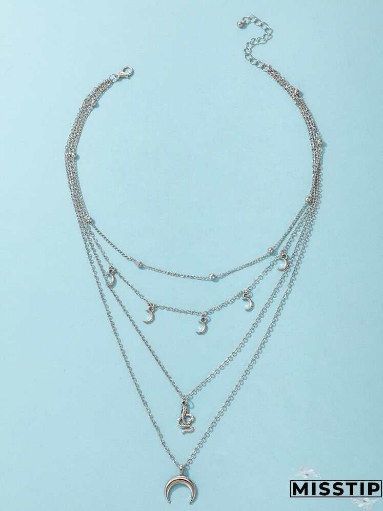 Moon & Snake Charm Layered Necklace