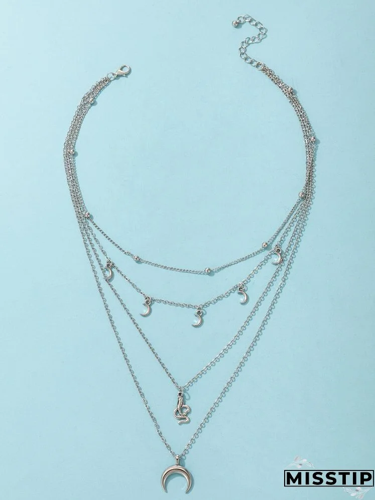Moon & Snake Charm Layered Necklace