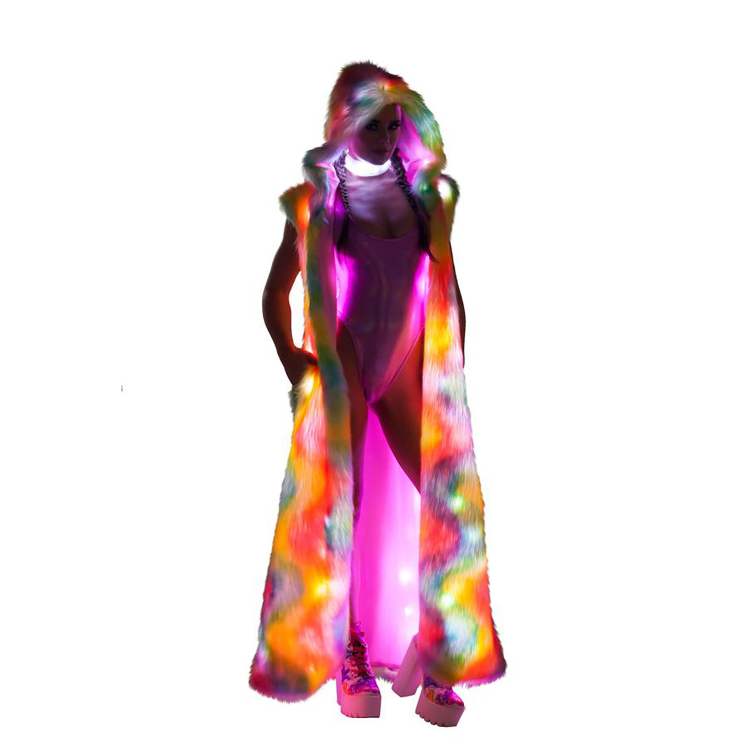 Womens Faux Fur Led Long Coat Light UP Cloak Luminous Sleeveless Nightclub Rave Xmas Stage Costumes Fancy Dress