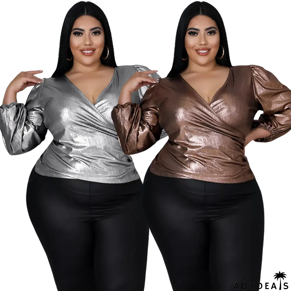 Plus Size Solid V Neck Long Sleeve Top