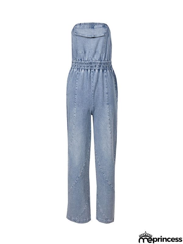 Sleeveless Straight Leg Elasticity Pleated Pockets Split-Joint Tube Jumpsuits