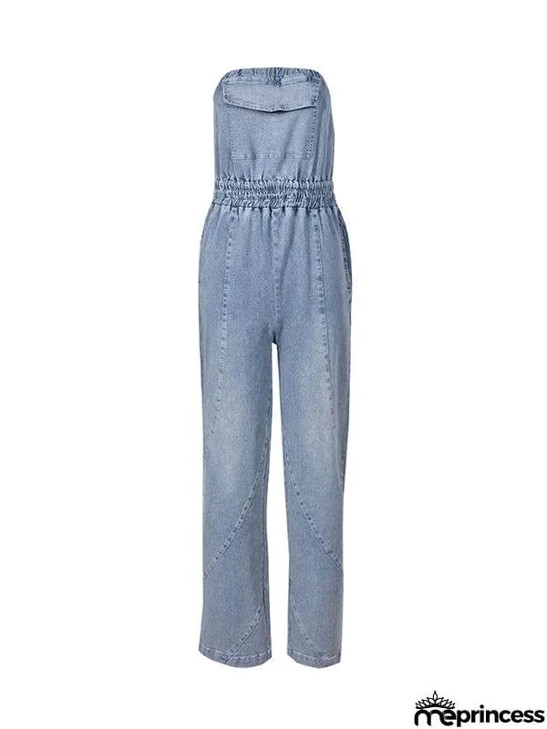 Sleeveless Straight Leg Elasticity Pleated Pockets Split-Joint Tube Jumpsuits
