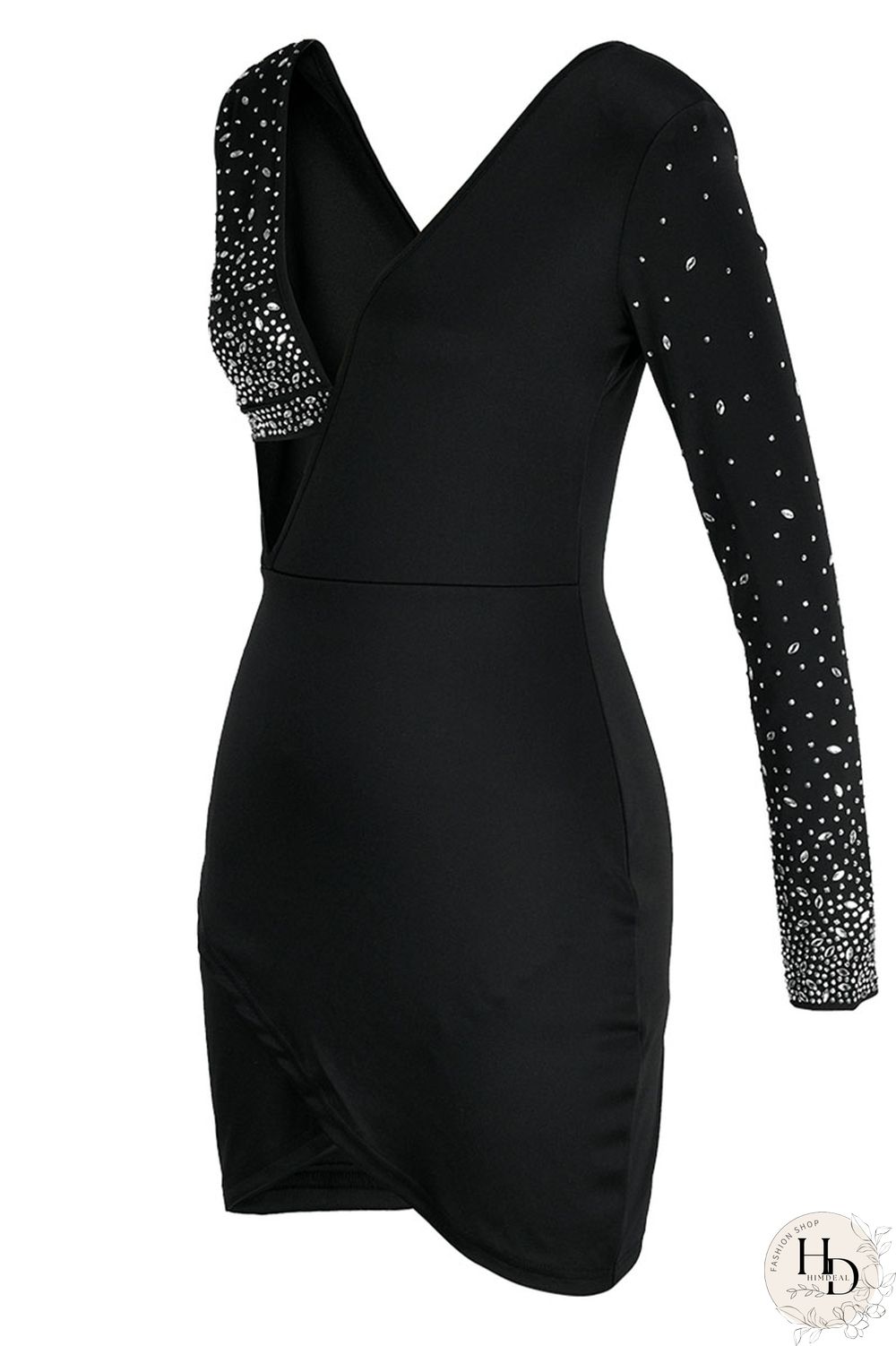 Black Fashion Sexy Patchwork Hot Drilling Hollowed Out Backless V Neck Long Sleeve Dresses