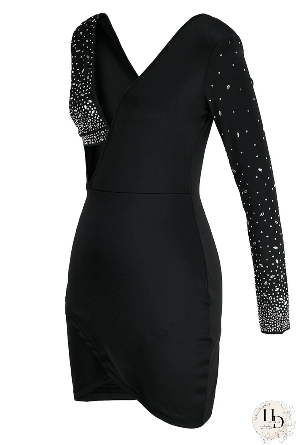 Black Fashion Sexy Patchwork Hot Drilling Hollowed Out Backless V Neck Long Sleeve Dresses