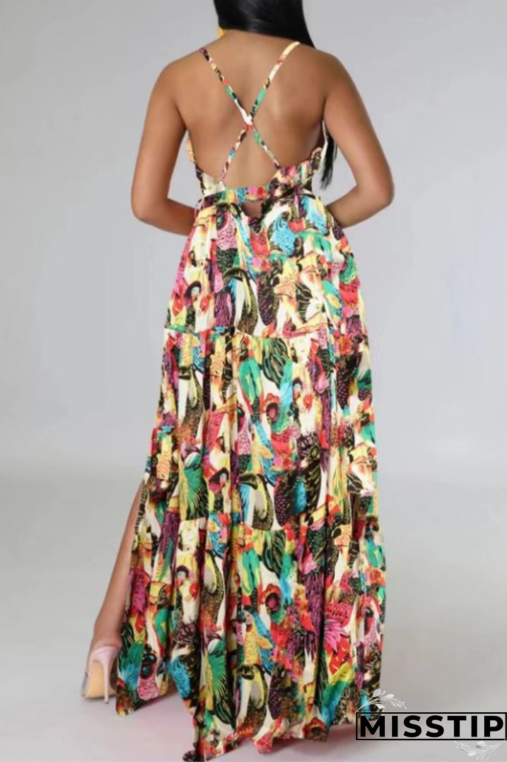 Multi-color Sexy Casual Print Backless Slit Spaghetti Strap Long Dress Dresses