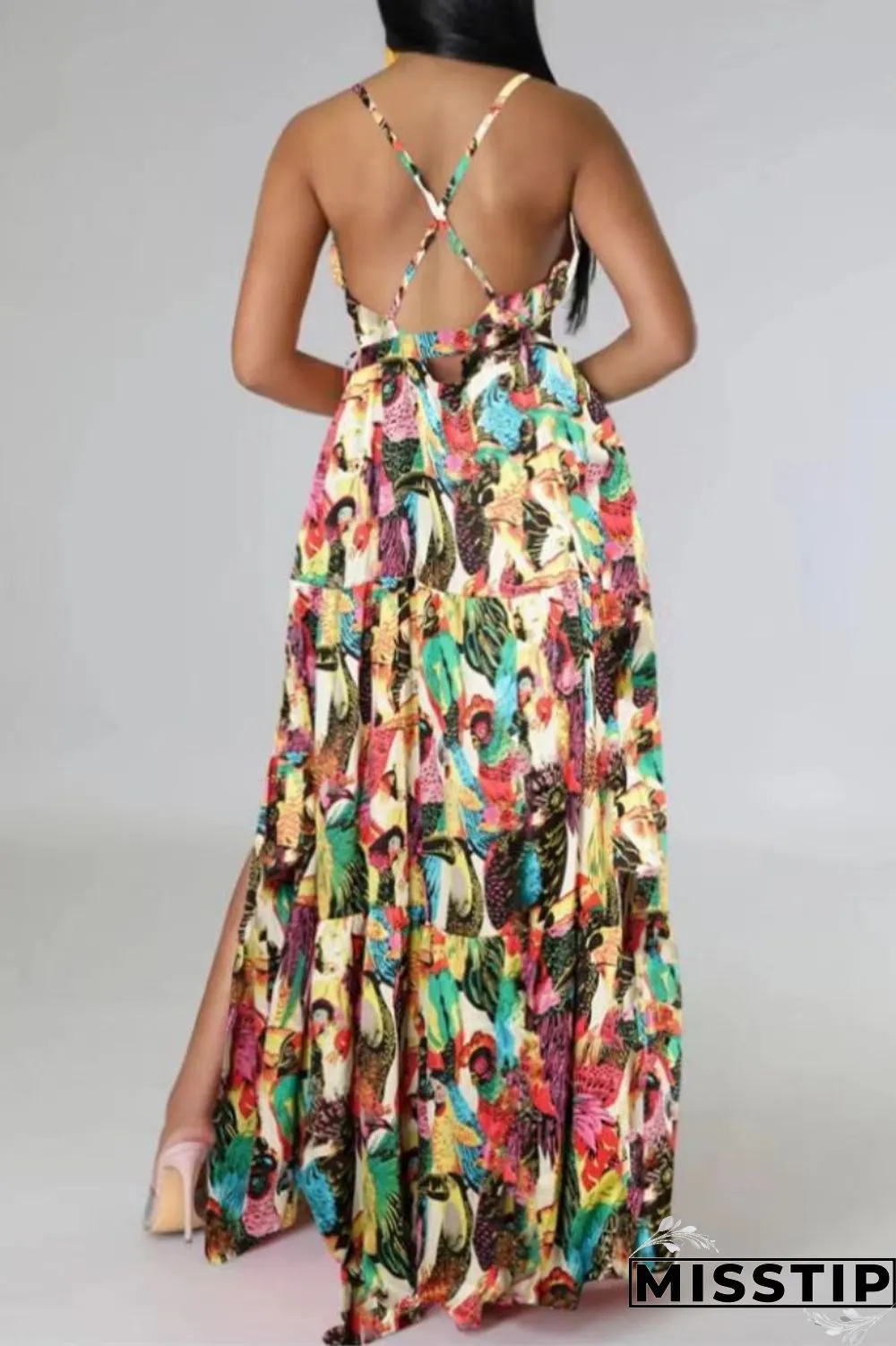 Multi-color Sexy Casual Print Backless Slit Spaghetti Strap Long Dress Dresses