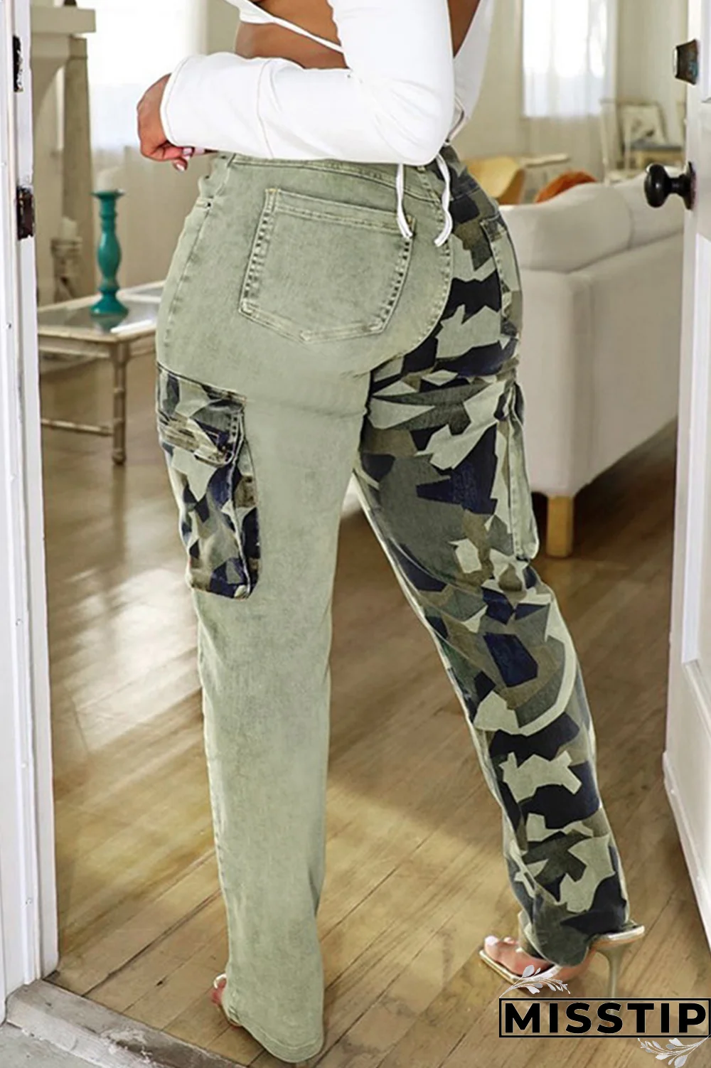 Camouflage Fashion Camouflage Print Patchwork Regular Denim Jeans