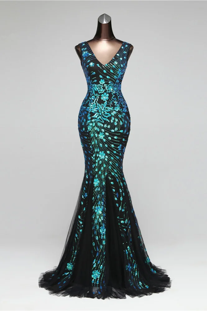 blue sequins mermaid v-neck long prom dress