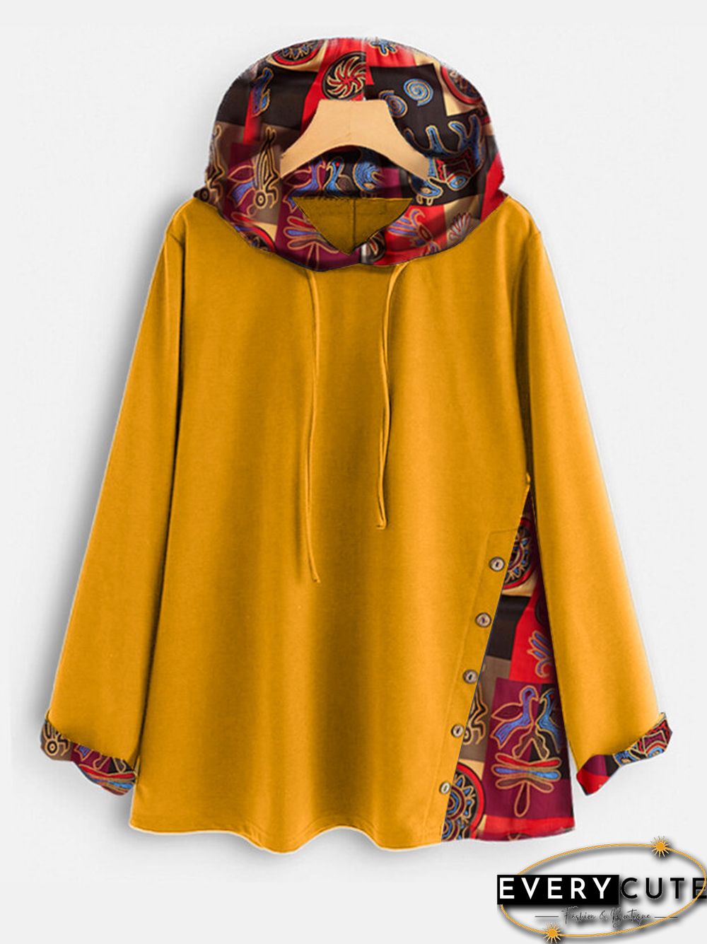 Vintage Patch Side Button Long Sleeve Overhead Hoodies