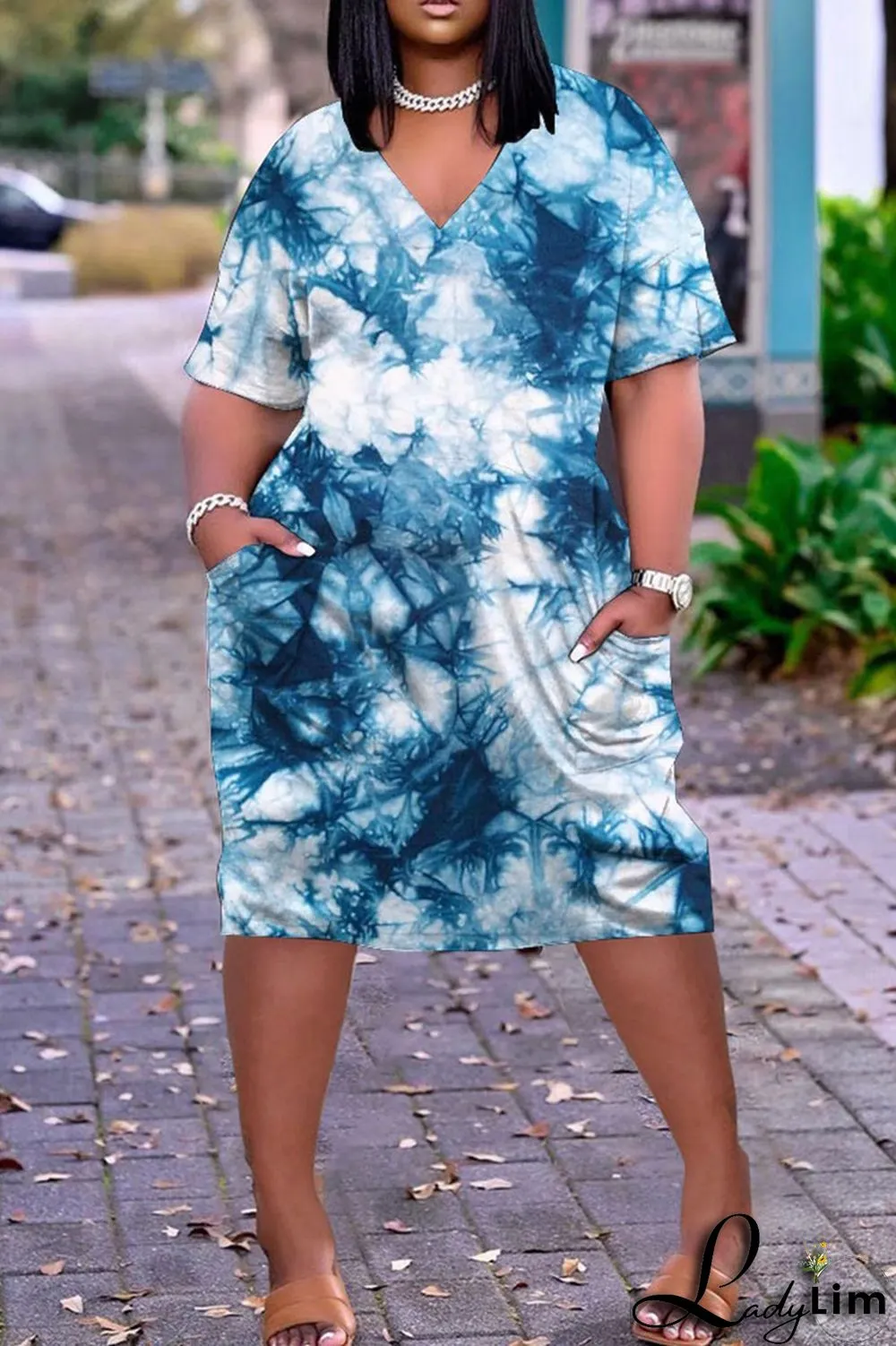 Blue Red Fashion Casual Print Tie-dye V Neck Short Sleeve Dress