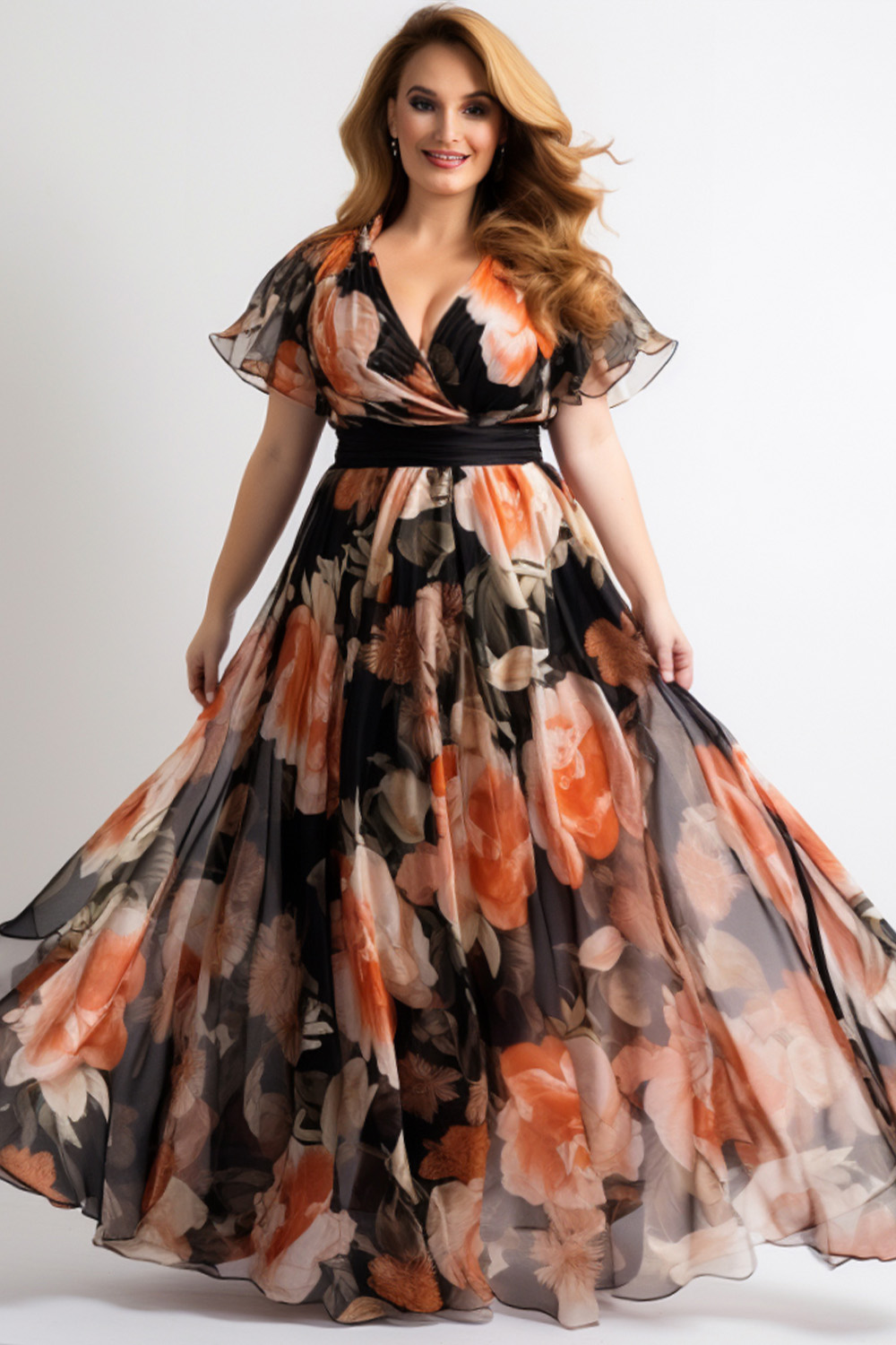 Flycurvy Plus Size Wedding Guest Black Chiffon Floral Print Wrap Flutter Sleeve Maxi Dress 2024 - Flycurvy 