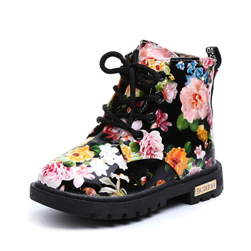 Comfy Kids Shoes Floral Martin Boots for Girls Botas Elegant Flower Print PU Leather Shoes Child Rubber Soled Boots Brand Bottes