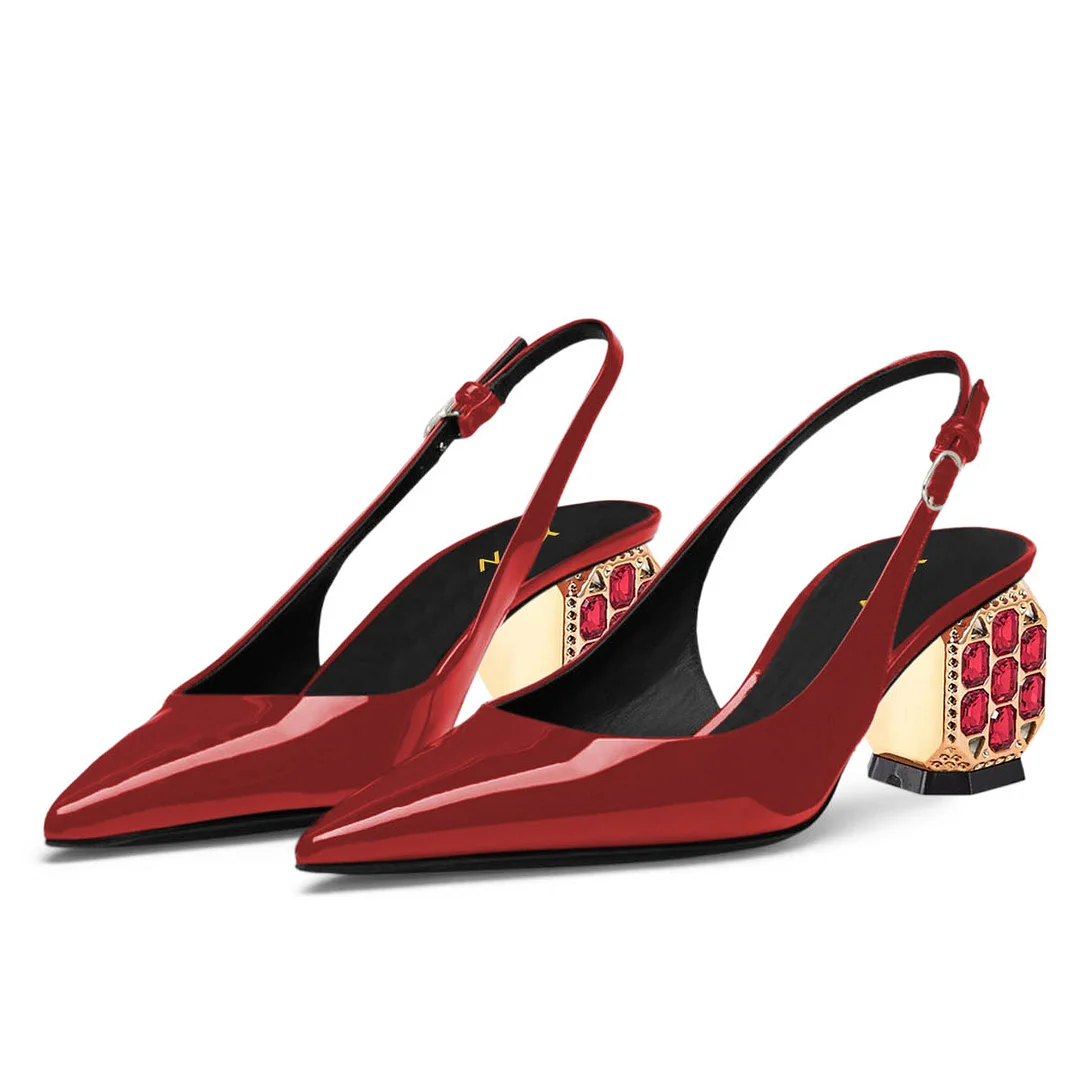 Red Patent Leather Pointed Toe Rhinestone Decor Slingback Heels