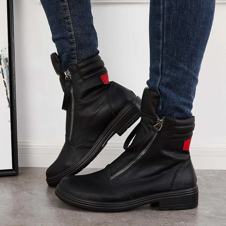 Black Slouch Ankle Booties Low Heel Zipper Boots