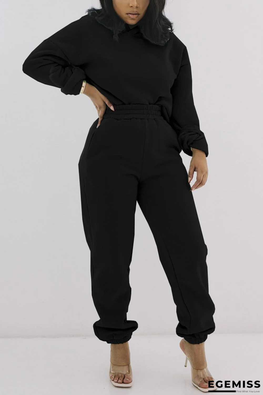 Black Fashion Casual Solid Basic Hooded Collar Long Sleeve Two Pieces | EGEMISS