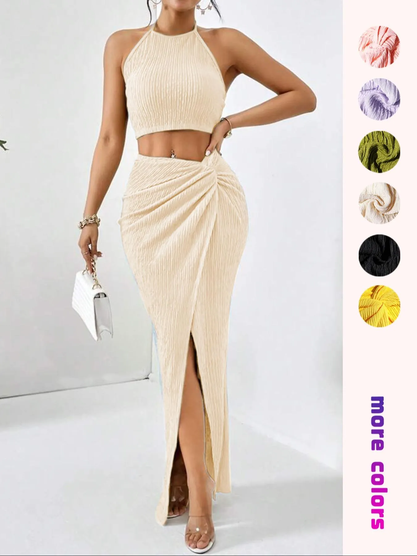 Elegant High-Slit Knit Set Dress, Slimming and Leg-Lengthening, British Style, Fitted Knit Split Dress, Vintage High Neck Waistless Women's Set Dress Elegant High-Slit Knit Set Dress, Slimming and Leg-Lengthening, British Style, Fitted Knit Split Dress, Vintage High Neck Waistless Women's Set Dress