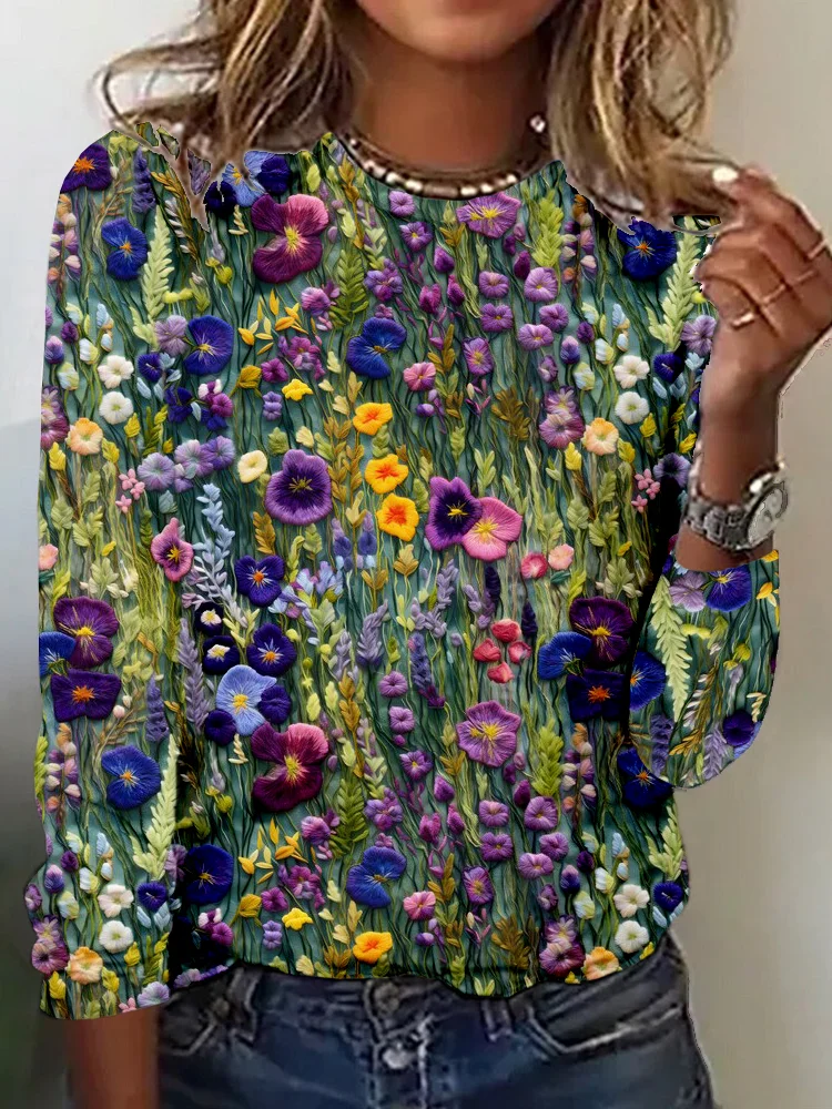 Elegant Violet Wildflower Embroidery Art Comfy T Shirt