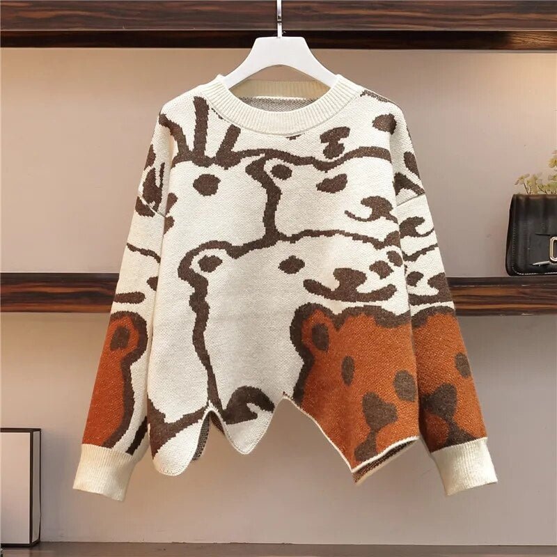 Half-length skirt suit female loose autumn Korean version of the bear print knitted sweater sweater mini skirt two-piece set