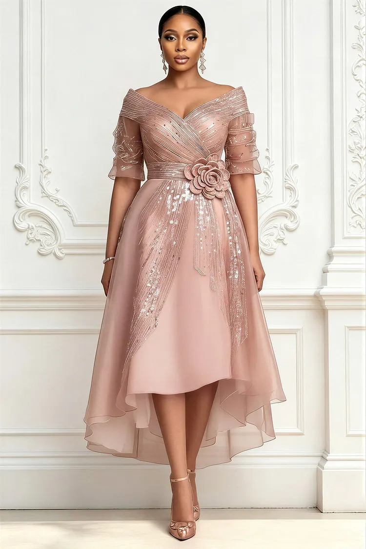 Xpluswear Design Plus Size Wedding Guest Pink Wrap Neck Half Sleeve Asymmetric Hem Midi Dresses [Pre-Order] 2024 - Xpluswear
